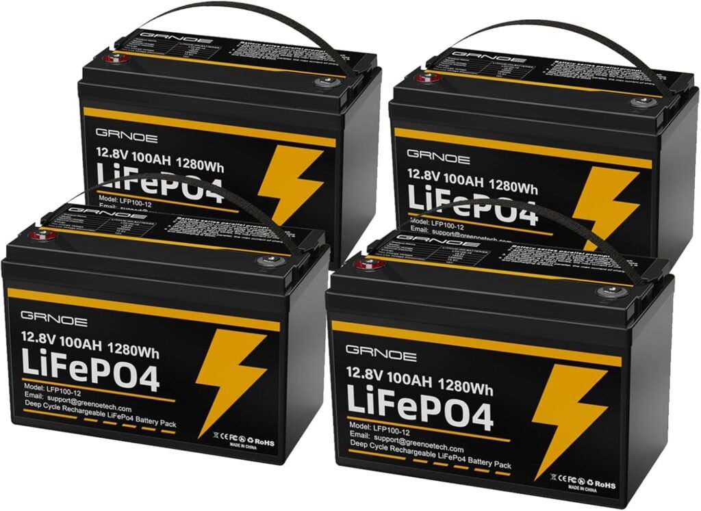 12V 100Ah LiFePO4 Lithium Battery Group 31 (4-Pack) With Built-in 100A BMS, Low-Temp Protection Up to 15000 Deep Cycles Rechargeable Battery for RV, Marine, Solar System, Van, Trailer, Backup