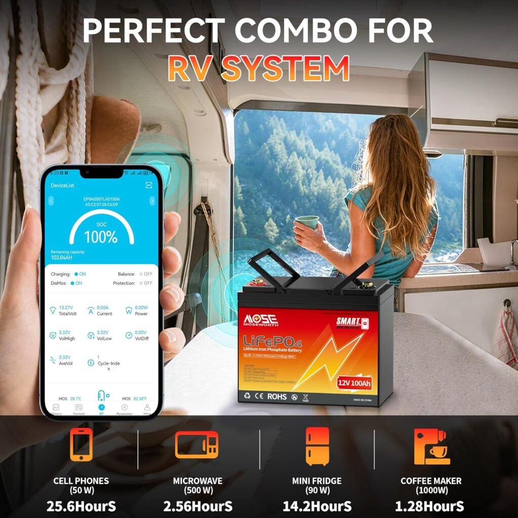 12V 100Ah LiFePO4 Lithium Battery with Bluetooth- Built-in BMS, Low-Temp Protection, 5000+ Cycles -Grade A Lithium Iron Phosphate Battery cells, for Trolling Motor, RV, Boat/Marine, Solar