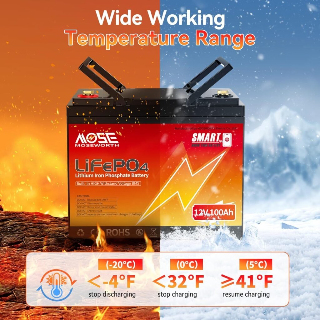 12V 100Ah LiFePO4 Lithium Battery with Bluetooth- Built-in BMS, Low-Temp Protection, 5000+ Cycles -Grade A Lithium Iron Phosphate Battery cells, for Trolling Motor, RV, Boat/Marine, Solar