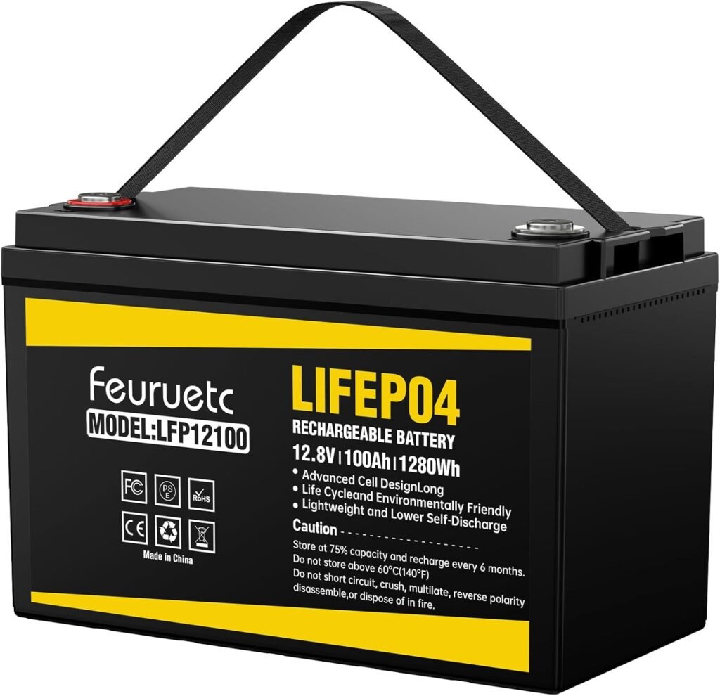 12V 100Ah LiFePO4 Solar Battery – Deep Cycle Lithium Battery for Solar Systems, Off-Grid, RV, Marine, and Backup Power with 15000+ Cycles, Lightweight, Maintenance-Free