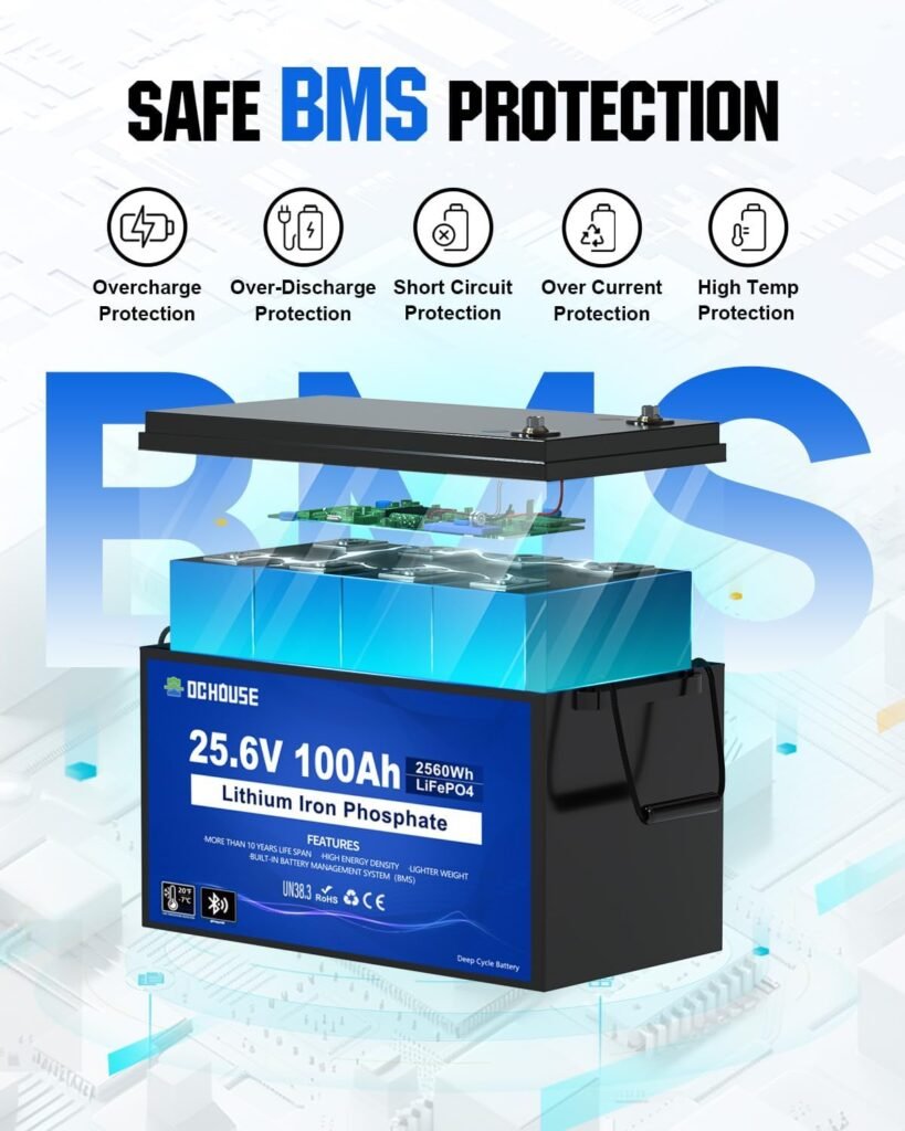 DC HOUSE 12V 100Ah LiFePO4 Trolling Motor Lithium Battery, Group 24, Bluetooth Low Temp Cut-Off, Up to 15000 Cycles, 100A BMS, Perfect for Trolling Motors, Marine, Boat, Solar DC HOUSE 12V 100Ah LiFePO4 Trolling Motor Lithium Battery, Group 24, Bluetooth Low Temp Cut-Off, Up to 15000 Cycles, 100A BMS, Perfect for Trolling Motors, Marine, Boat, Solar