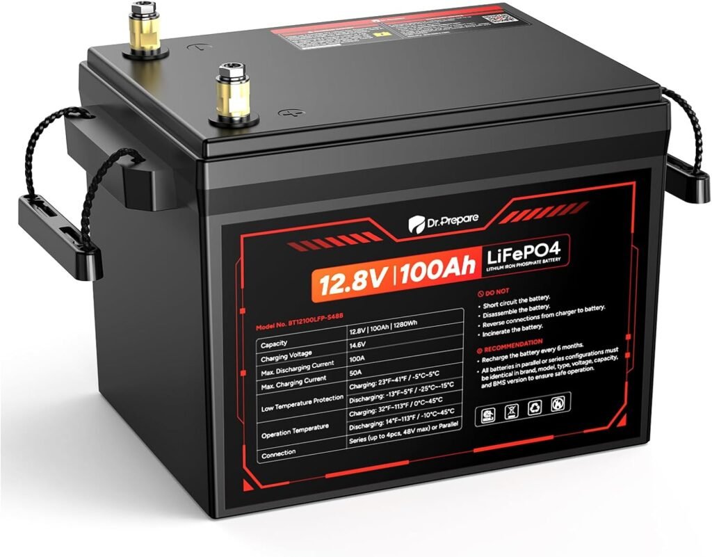 DR.PREPARE 12V 100Ah LiFePO4 Lithium Battery, 1280Wh Deep Cycle Lithium Iron Phosphate Battery with 100A BMS, Low High Temp Protection, for RV, Marine, Solar Power, Off-Grid, Home Energy Storage DR.PREPARE 12V 100Ah LiFePO4 Lithium Battery, 1280Wh Deep Cycle Lithium Iron Phosphate Battery with 100A BMS, Low High Temp Protection, for RV, Marine, Solar Power, Off-Grid, Home Energy Storage