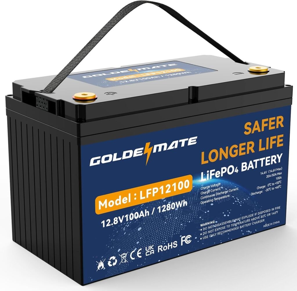 GOLDENMATE 12V 100Ah LiFePO4 Battery, Up to 15000 Deep Cycles Group 31 Lithium Battery, Built-in 100A BMS, Perfect for RV, Solar, Camping, Marine, Trolling Motor and Off-Grid Applications