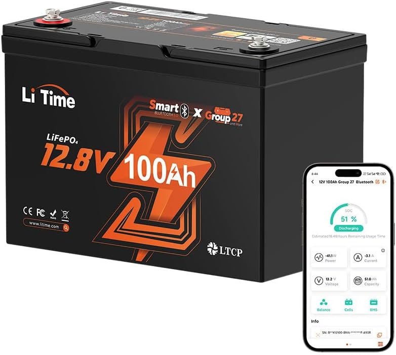 Litime 12V 100Ah LiFePO4 Battery Bluetooth, Group 27 Lithium Battery, Built-in 100A BMS with Low-Temp Protection, Max. 15000 Deep Cycles, Perfect for RV, Solar System, Trolling Motors etc. (1 Pack) Litime 12V 100Ah LiFePO4 Battery Bluetooth, Group 27 Lithium Battery, Built-in 100A BMS with Low-Temp Protection, Max. 15000 Deep Cycles, Perfect for RV, Solar System, Trolling Motors etc. (1 Pack)