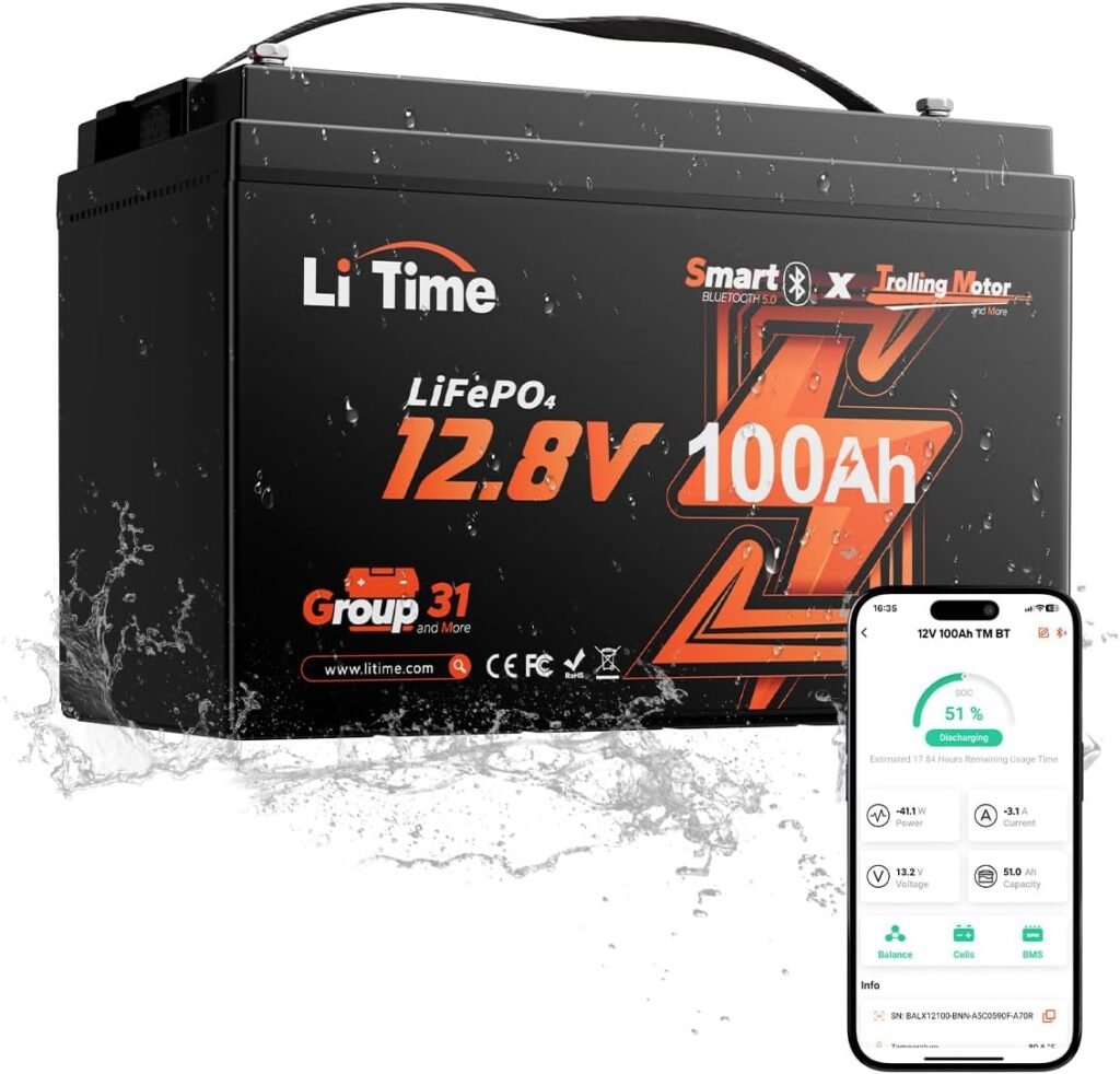 Litime 12V 100Ah Trolling Motors LiFePO4 Battery (Group 31), 12 Volt Bluetooth Lithium Batteries, Max. 15000 Deep Cycles, 100A BMS, Low-Temp Protection for Marine, Boat, Yacht, RV, Solar