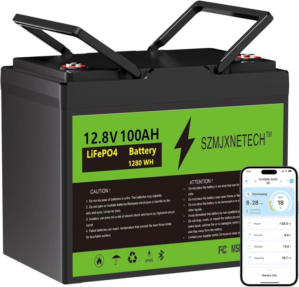 SZMJXNETECH12V 100Ah LiFePO4 Lithium Battery, Max.1280WH, with Bluetooth, Group 24, Built-in 100A BMS with Low-Temp Protection, 15000 Cycles, Perfect for RV, Solar System, Trolling Motors etc.