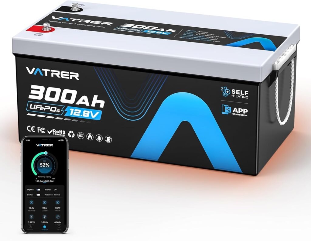 12.8V 300Ah Self-Heating LiFePO4 Lithium Battery with APP Monitoring, Low Temp Cut off, Built-in 200A BMS, Rechargeable 3840Wh Energy Battery for RV, Marine, Solar, Camping, Backup Power, Off-Grid