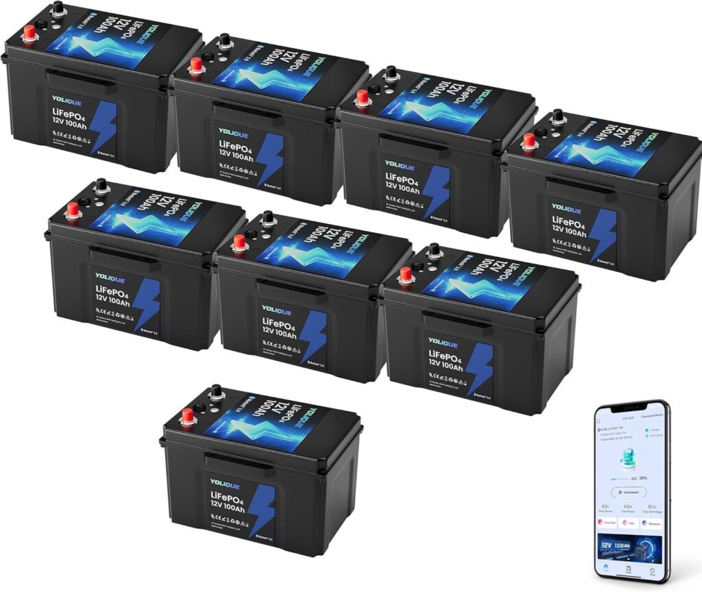 12V 100Ah Bluetooth LiFePO4 Lithium Battery Self-heating Low-Temp Protection, Built-in 100A BMS 4500~15000 Deep Cycles Battery for RV, Marine, Solar System, Trolling Motors, 8Pack