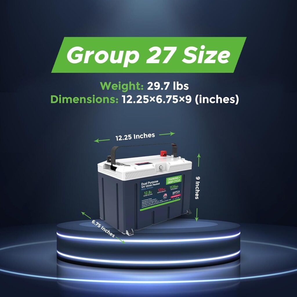 12V 120Ah Pro Series - LiFePO4 Cranking  Deep Cycle Lithium Battery (Dual Purpose), Group 27 Built-in 150A BMS with 1100CCA, 800A @ 10s Cranking Ability, Perfect for Marine, Trolling Motors, RV