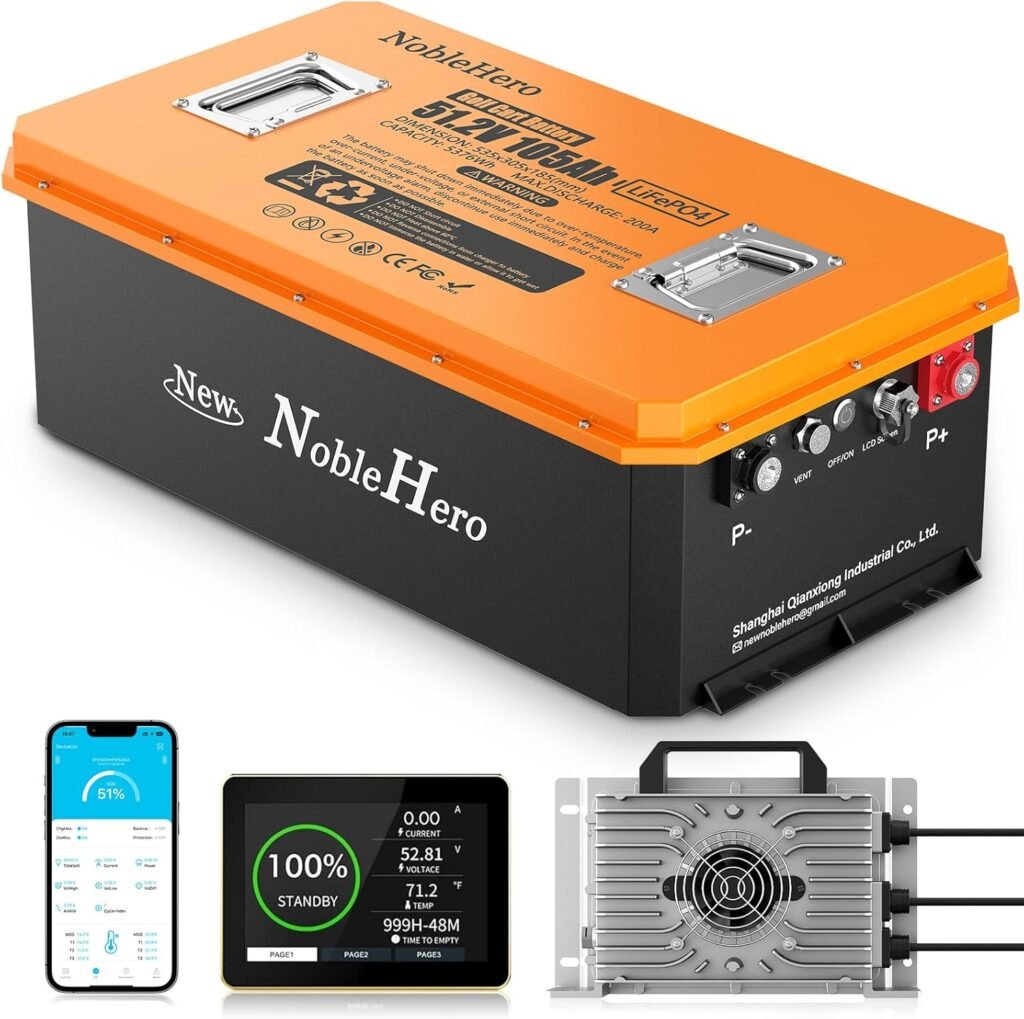 48V 105Ah Lithium Golf Cart Battery, Built-in Smart 200A BMS, 6000+ Cycles Rechargeable LiFePO4 Battery, Max 10.24kW Power Output,With 20A Charger  Touch Monitor  Mobile APP, Perfect for Golf Carts