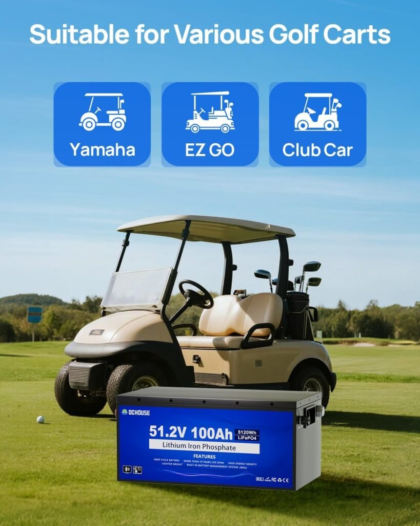 DC HOUSE 48V 100Ah Golf Cart Battery, LiFePO4 Battery Sturdy Metal Case with LCD Monitor Bluetooth, Low-Temperature Cut-Off Function, Perfect for Club Car, EZGO Golf Carts, RV