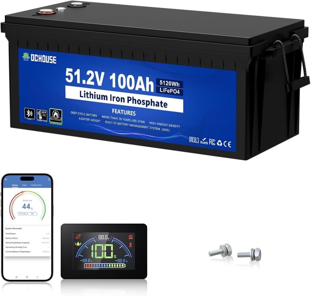 DC HOUSE 48V 100Ah Lithium Golf Cart Battery w/Switch, Lifepo4 Battery 200A BMS, LCD Monitor  Mobile APP, Peak Current 700A, 4000+ Deep Cycles Lithium Battery for Golf Carts, Lawn Mower, RV