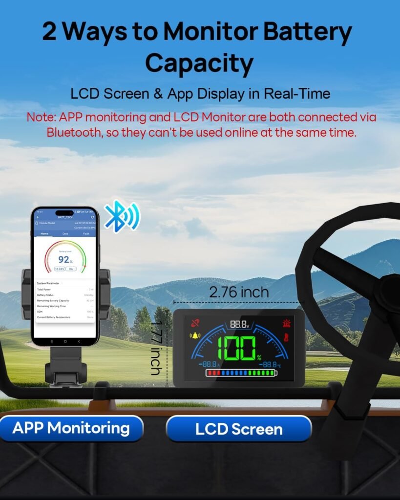 DC HOUSE 48V 100Ah Lithium Golf Cart Battery w/Switch, Lifepo4 Battery 200A BMS, LCD Monitor  Mobile APP, Peak Current 700A, 4000+ Deep Cycles Lithium Battery for Golf Carts, Lawn Mower, RV