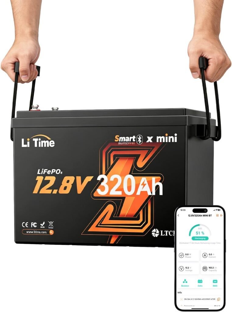 LiTime12.8V 320Ah Mini LiFePO4 Battery, 4000+ Deep Cycles Bluetooth Lithium Battery, IP65 Waterproof, Backup Power for RV, Travel Trailer, Trolling Motor