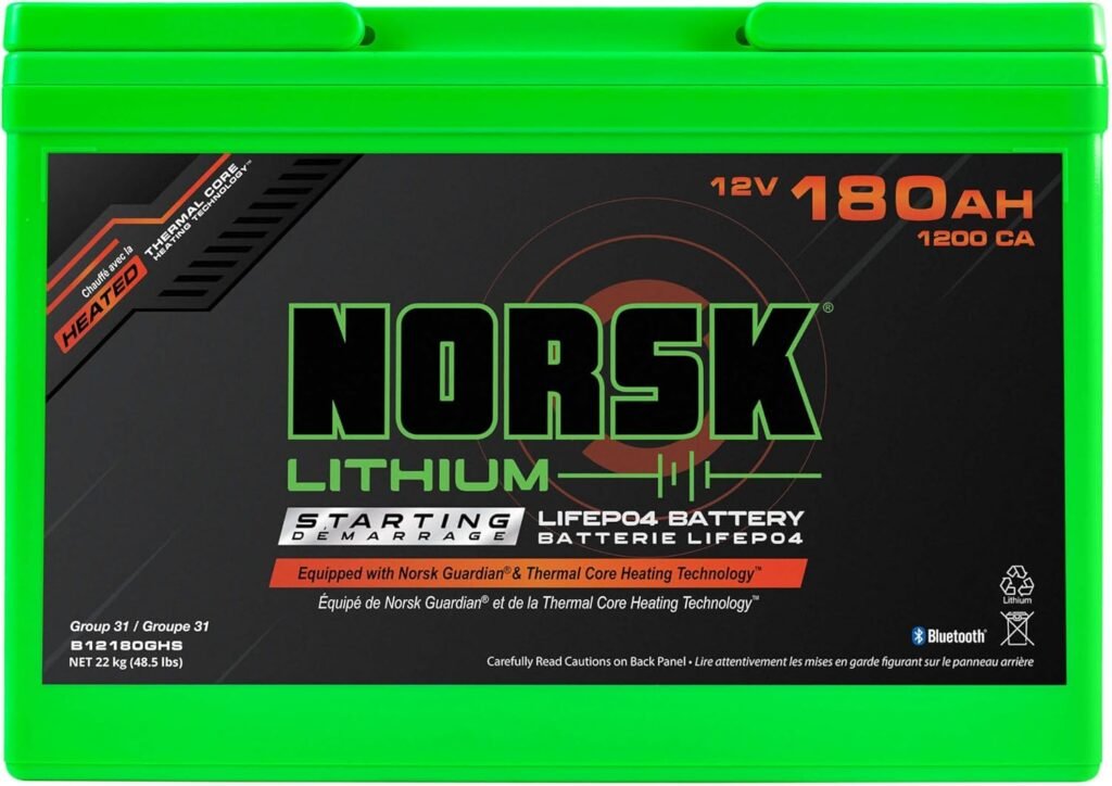 Norsk Lithium 12V 180AH Heated Marine Lithium Cranking Battery | 1200 CCA | LiFePO4 | Triple Terminals | Emergency Start Reserve | Bluetooth | Perfect for RV, Solar, Boat, and Marine Norsk Lithium 12V 180AH Heated Marine Lithium Cranking Battery | 1200 CCA | LiFePO4 | Triple Terminals | Emergency Start Reserve | Bluetooth | Perfect for RV, Solar, Boat, and Marine