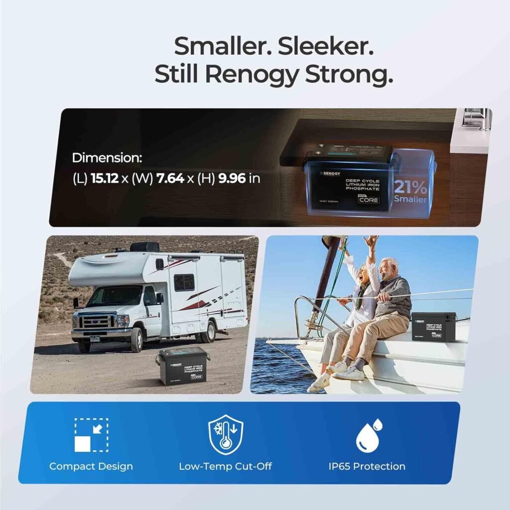 Renogy 12V 200Ah LiFePO4 Lithium Battery Mini Size, Up to 5000+ Deep Cycles, 200A Upgraded BMS, 380A Peak Discharge W/Low Temp Protection, Compact Size for RV, Marine, Solar, Trolling Motor Backpower