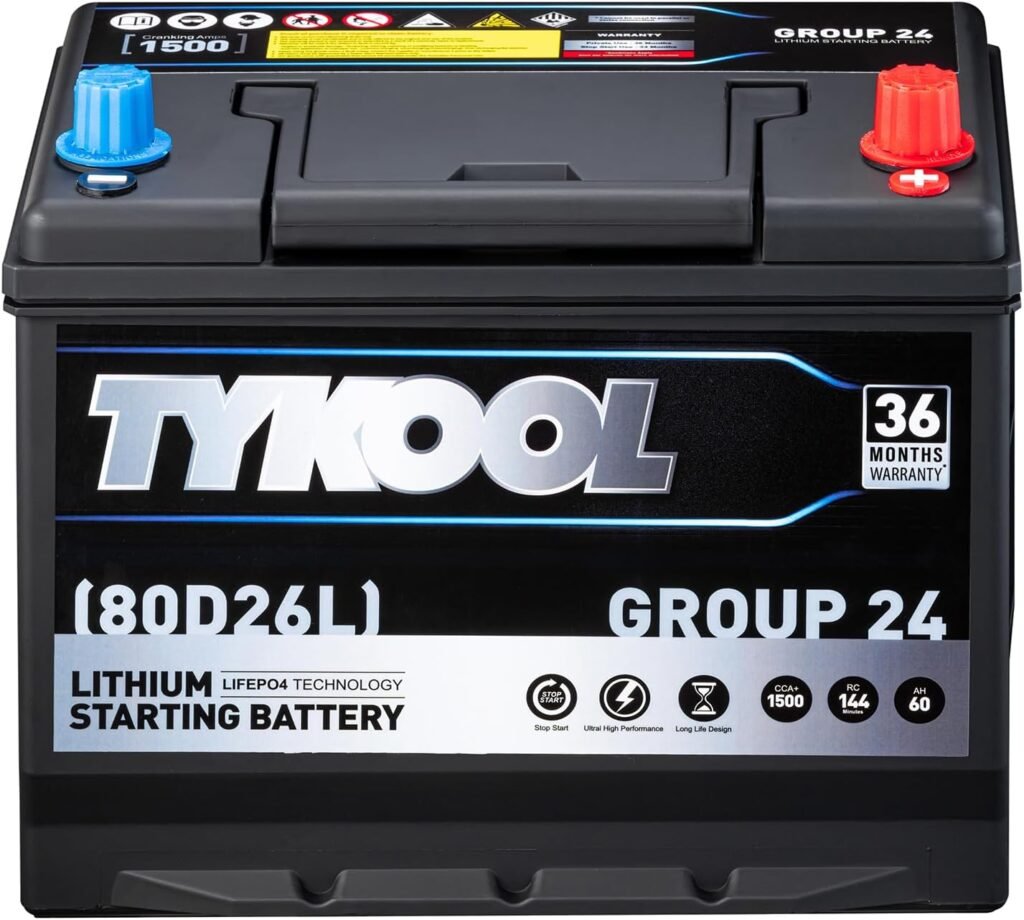 TYKOOL LiFePO4 Lithium Car Battery,BCI GROUP 24,1500CCA,144RC,12V 60AH Automotive Battery,High-Performance Car Battery,Size 80D26, AGM battery replacement, 36 Months Warranty
