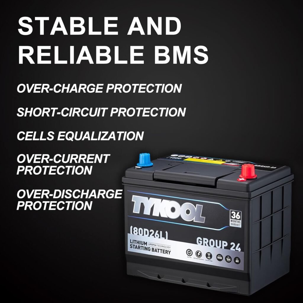 TYKOOL LiFePO4 Lithium Car Battery,BCI GROUP 24,1500CCA,144RC,12V 60AH Automotive Battery,High-Performance Car Battery,Size 80D26, AGM battery replacement, 36 Months Warranty