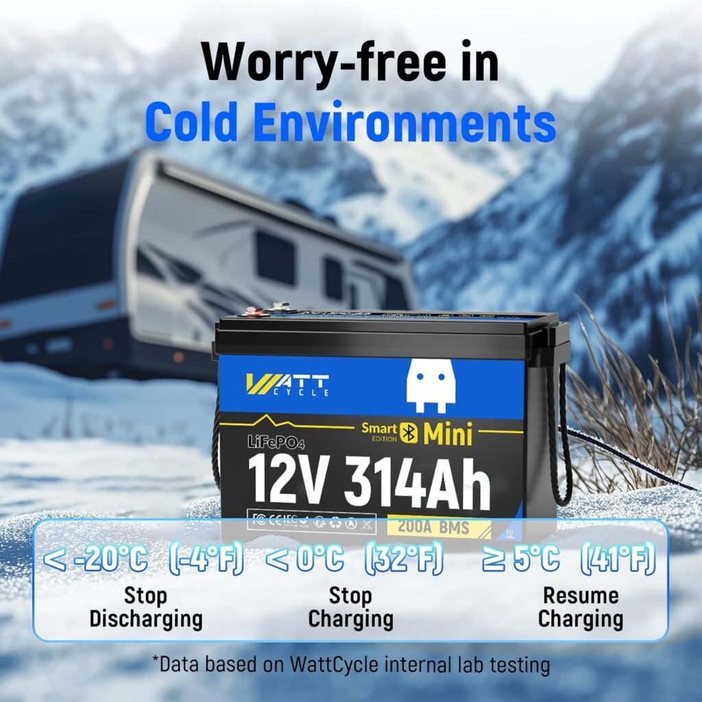 WattCycle 12V 314Ah Mini LiFePO₄ Battery, Self-Heating 12V Lithium Battery with 200A BMS, Bluetooth App Monitoring, Compact Power for RV, Solar, Home Energy Storage, Solar, Off-Grid Use