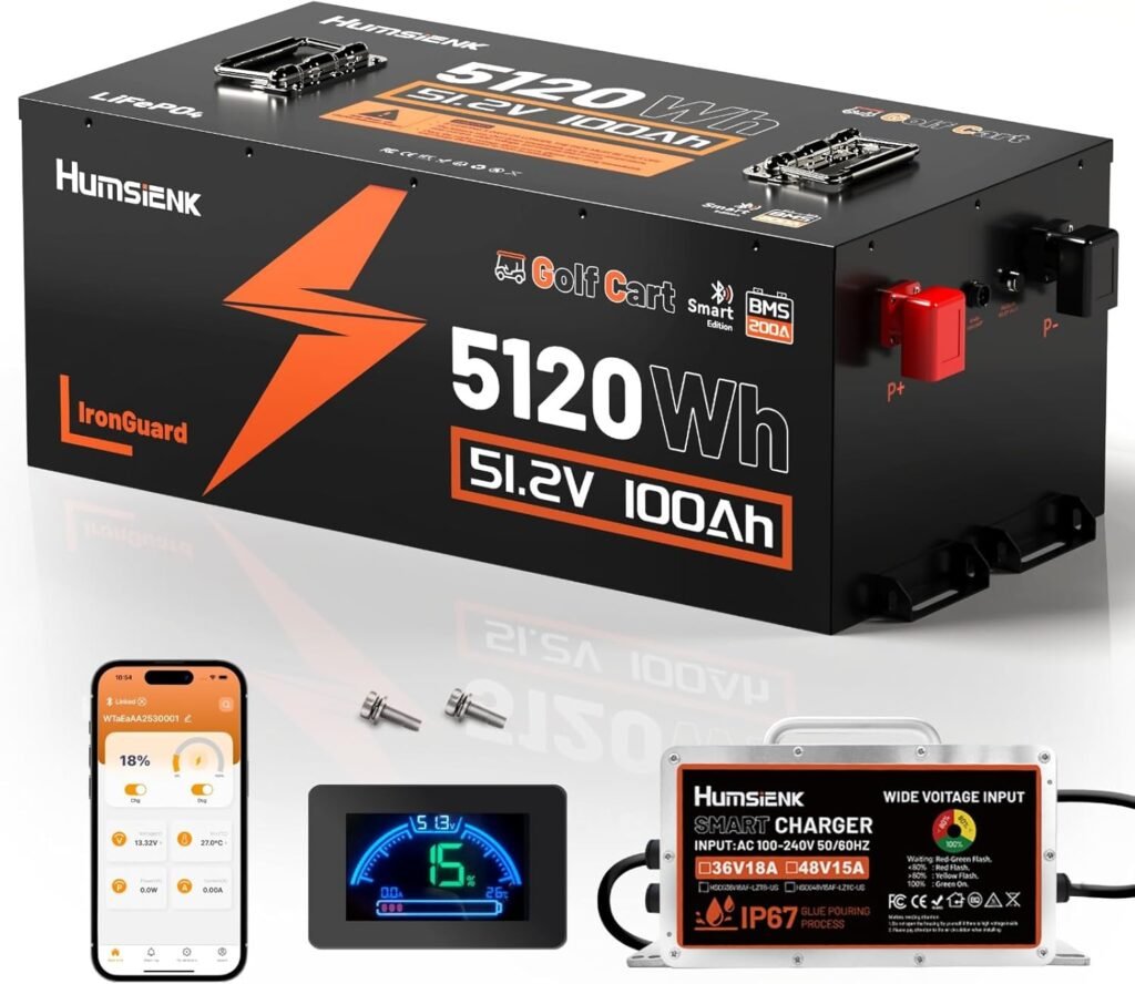 48V 100Ah Golf Cart Battery with Metal Case  200A BMS, LiFePO4 Lithium Battery with 15A Charger, Bluetooth APP  LCD Monitor, 15000+ Cycles, Max. 5.12kWh with Low-Temp Protection for Golf Carts