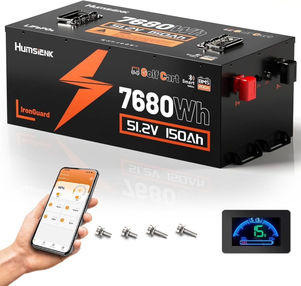 48V 100Ah Golf Cart Battery with Metal Case  200A BMS, LiFePO4 Lithium Battery with 15A Charger, Bluetooth APP  LCD Monitor, 15000+ Cycles, Max. 5.12kWh with Low-Temp Protection for Golf Carts