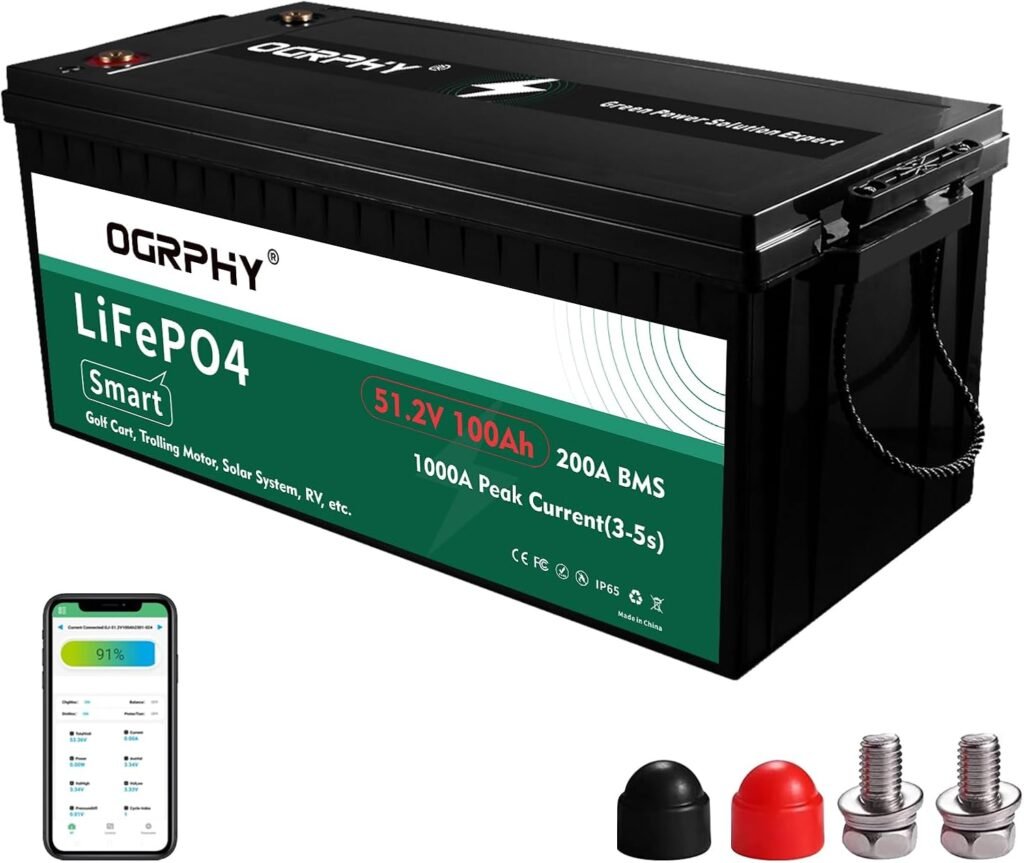 48V 100AH Lithium Battery, Smart LiFePO4 with 200A BMS, 5.12kWh 48V Lithium Golf Cart Battery with 10.24kW Output, 1000A Peak Current for Golf Cart, Trolling Motor, RV