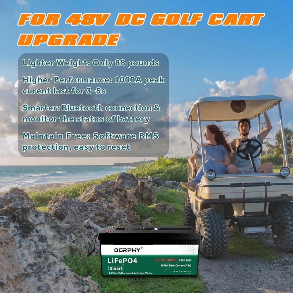 48V 100AH Lithium Battery, Smart LiFePO4 with 200A BMS, 5.12kWh 48V Lithium Golf Cart Battery with 10.24kW Output, 1000A Peak Current for Golf Cart, Trolling Motor, RV