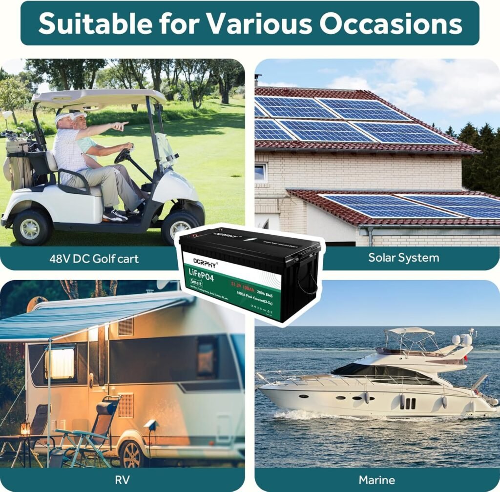 48V 100AH Lithium Battery, Smart LiFePO4 with 200A BMS, 5.12kWh 48V Lithium Golf Cart Battery with 10.24kW Output, 1000A Peak Current for Golf Cart, Trolling Motor, RV