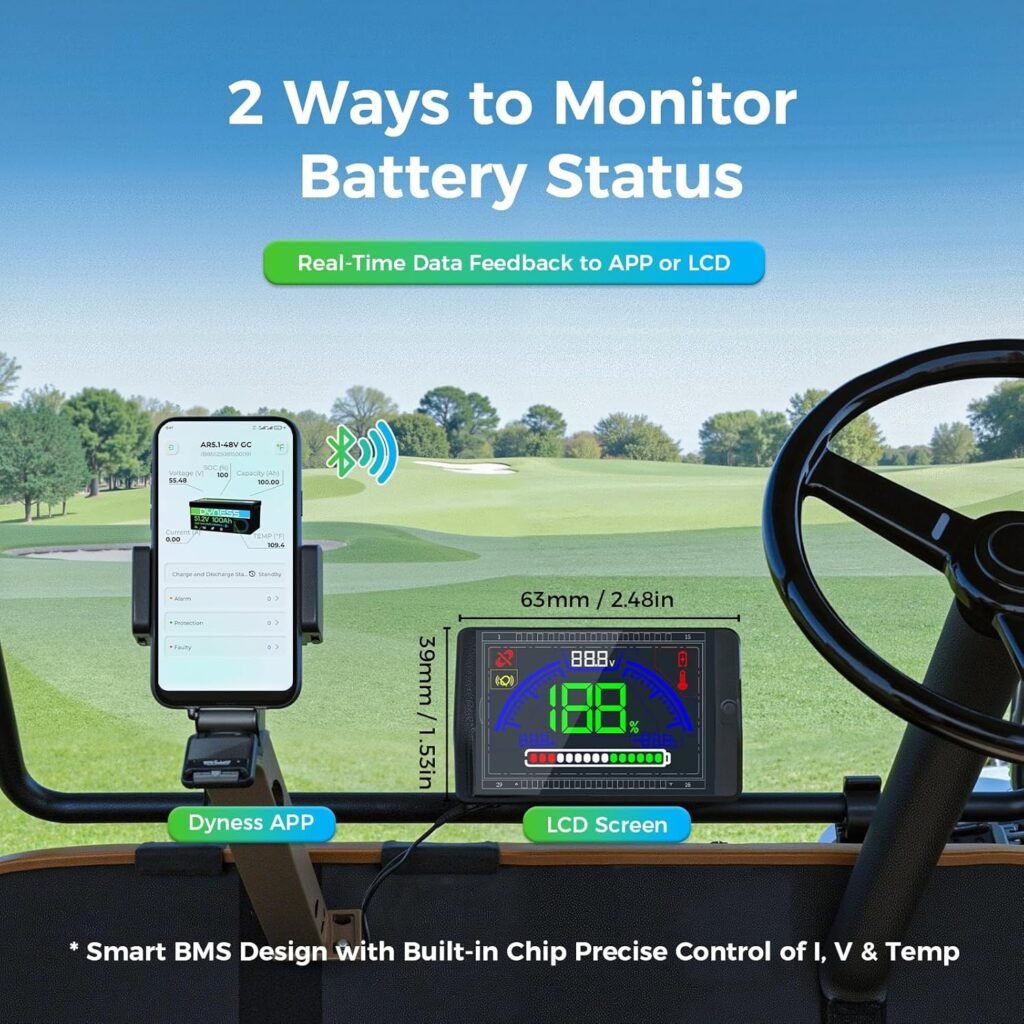 48V 100Ah Lithium Golf Cart Battery with 48V 18A Lithium Batteries Charger, 10.24kW Peak Power  4000+ Cycles, Smart 200A BMS, LCD Monitor  App Compatible for Golf Cart
