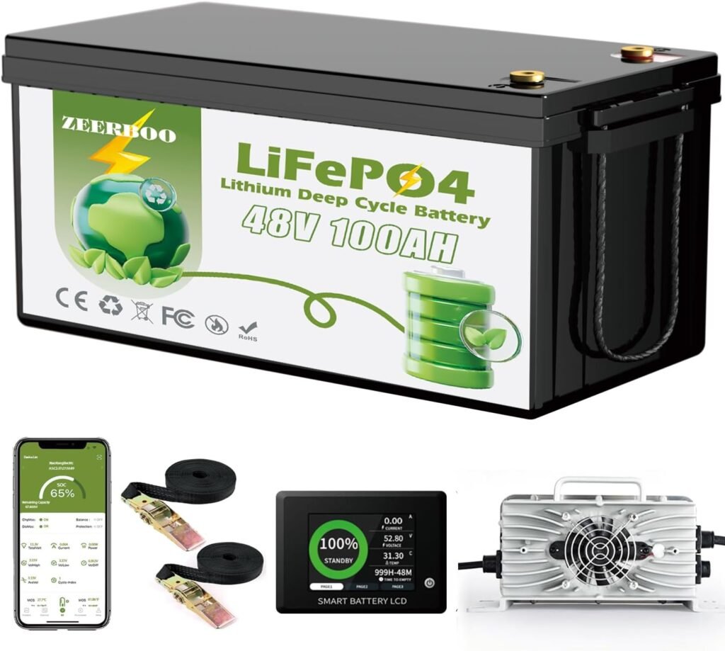 48v Lithium Battery Golf Cart, 48V 100Ah LiFePO4 Battery with Bluetooth and LCD Monitor, 58.4V 18A Charger, Peak Current 1000A, 200A BMS Bluetooth, 5.12kWh for Yamaha EZGO Club Golf Cart Battery