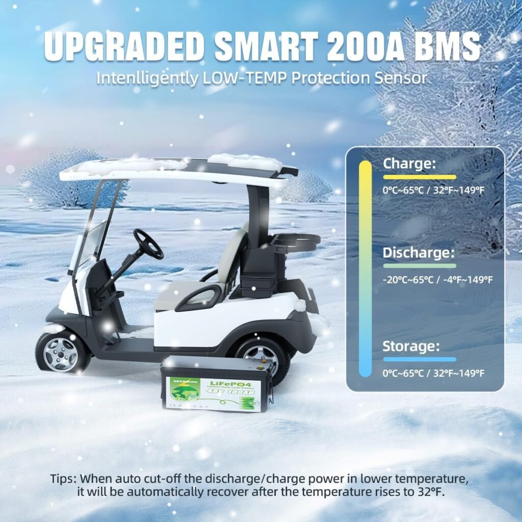 48v Lithium Battery Golf Cart, 48V 100Ah LiFePO4 Battery with Bluetooth and LCD Monitor, 58.4V 18A Charger, Peak Current 1000A, 200A BMS Bluetooth, 5.12kWh for Yamaha EZGO Club Golf Cart Battery