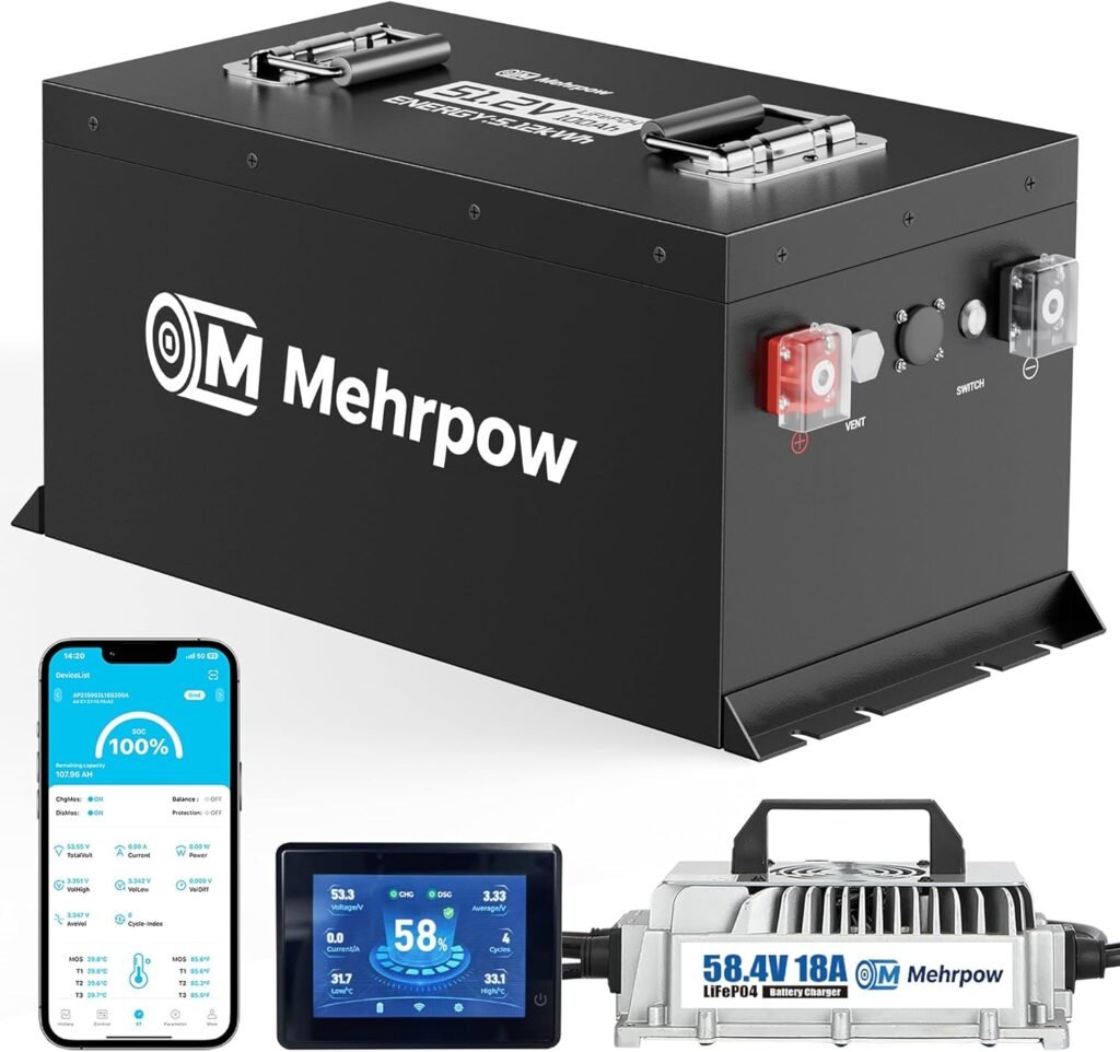 48V Lithium Battery Golf Cart Batteries Kit Built-in 200A BMS Steel Casing 48V 100Ah LiFePO4 Battery 10000 Cycles with 58.4V18A Charger Bluetooth Touch Display  APP for Golf Cart Lawn Mower ATV UTV