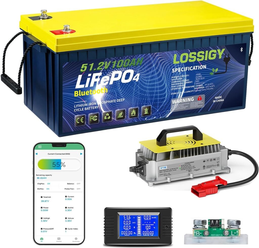 48V Lithium Battery with 18A Lithium Charger, 48 Volt 100Ah Eco Battery for Golf Cart, Built in 200A Bluetooth BMS  LCD 10.24kW Output, Peak Current 1000A(3-5s)