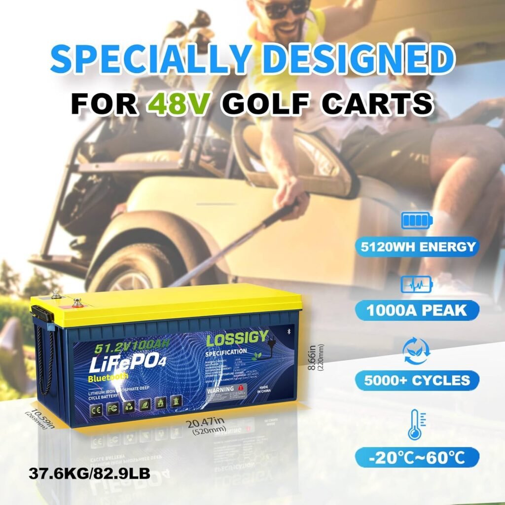 48V Lithium Battery with 18A Lithium Charger, 48 Volt 100Ah Eco Battery for Golf Cart, Built in 200A Bluetooth BMS  LCD 10.24kW Output, Peak Current 1000A(3-5s)