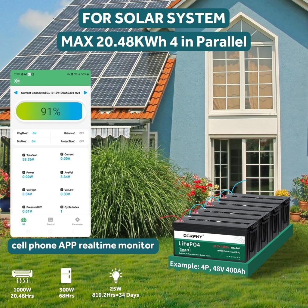 48V Lithium Battery with Onboard 18A LiFePO4 Battery Charger  200A BMS, 5.12kWh 48V 100Ah Lithium Golf Cart Battery with 10.24kW Output, 1000A Peak Current for Golf Cart, Solar