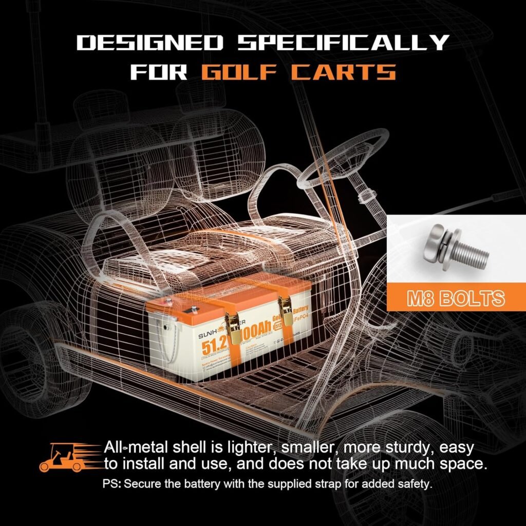 48V(51.2V) 100Ah Lithium Golf Cart Battery, Bluetooth LiFePO4 Batteries with 200A BMS, Max.Power 10.24KW, Monitor, 20A Fast Charger and Retention Strap, Perfect for Golf Cart,Trolling Motor -ABS