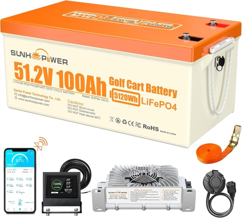 48V(51.2V) 100Ah Lithium Golf Cart Battery, Bluetooth LiFePO4 Batteries with 200A BMS, Max.Power 10.24KW, Monitor, 20A Fast Charger and Retention Strap, Perfect for Golf Cart,Trolling Motor -ABS