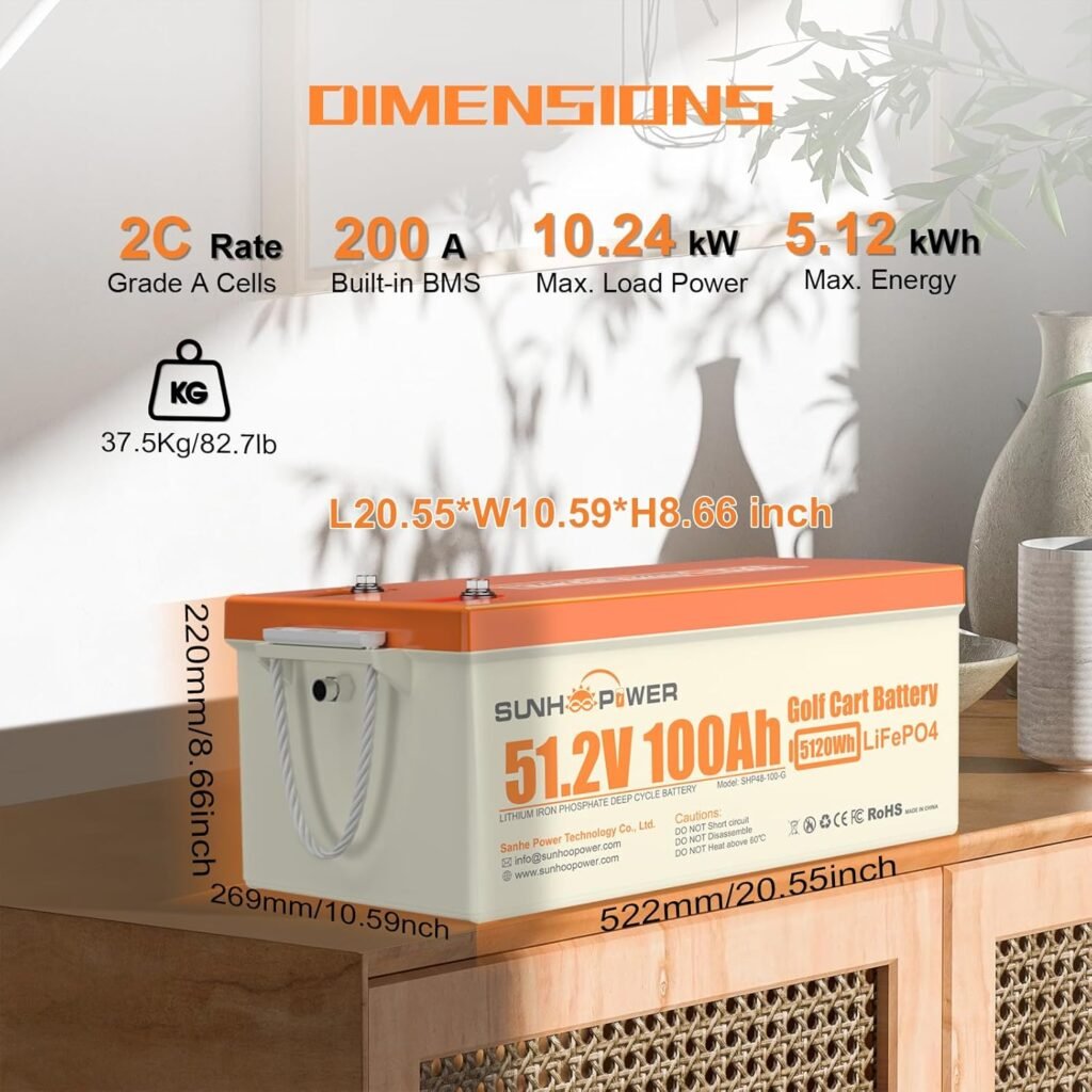 48V(51.2V) 100Ah Lithium Golf Cart Battery, Bluetooth LiFePO4 Batteries with 200A BMS, Max.Power 10.24KW, Monitor, 20A Fast Charger and Retention Strap, Perfect for Golf Cart,Trolling Motor -ABS