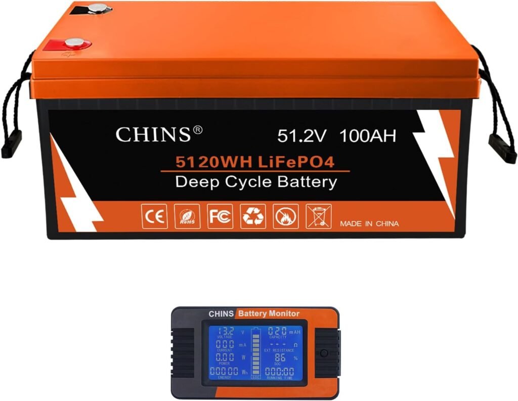 CHINS 48V 100AH LiFePO4 Lithium Battery, Built in 200A BMS with 10 Yrs Lifespan, Perfect for Golf Cart, Trolling Motor, Solar System, RV, Marine