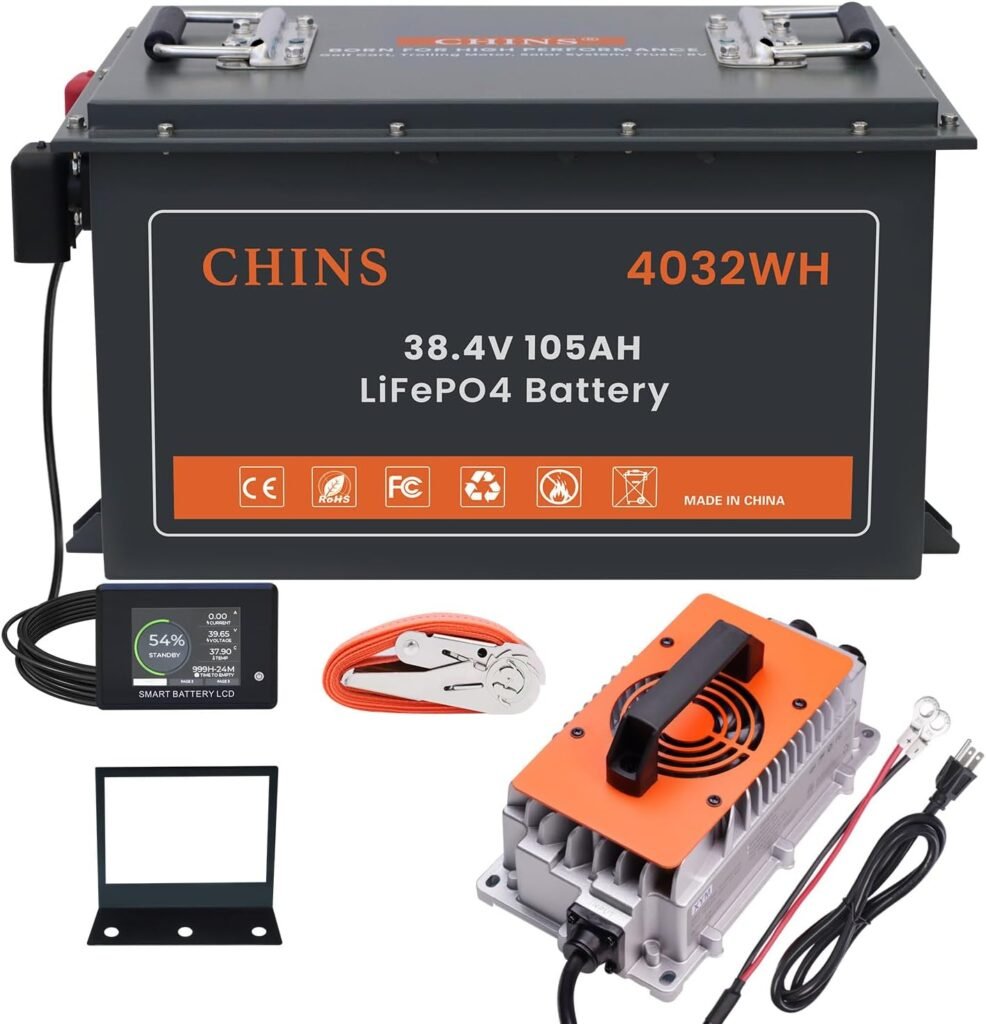 CHINS 48V 100Ah Lithium Golf Cart Battery, Includes 48V 18A Charger, Monitor, Built-in Smart 200A BMS, 48V Lithium Battery Perfect for Golf Cart CHINS 48V 100Ah Lithium Golf Cart Battery, Includes 48V 18A Charger, Monitor, Built-in Smart 200A BMS, 48V Lithium Battery Perfect for Golf Cart