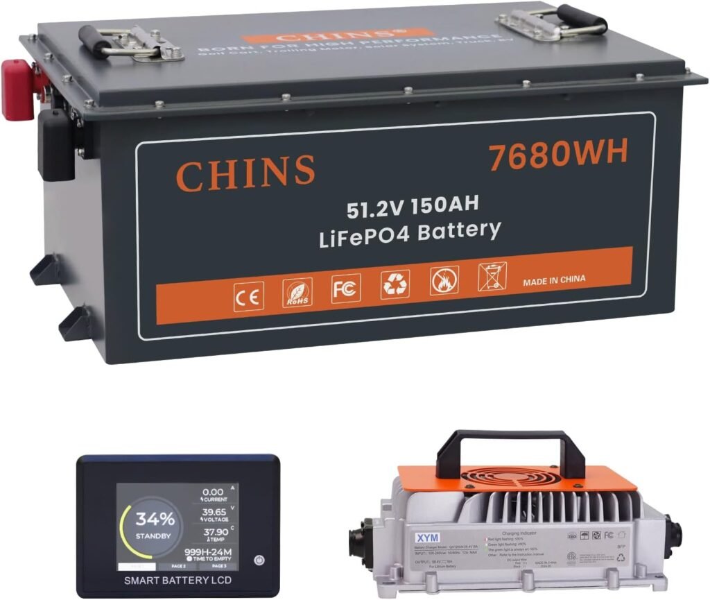 CHINS 48V 100Ah Lithium Golf Cart Battery, Includes 48V 18A Charger, Monitor, Built-in Smart 200A BMS, 48V Lithium Battery Perfect for Golf Cart CHINS 48V 100Ah Lithium Golf Cart Battery, Includes 48V 18A Charger, Monitor, Built-in Smart 200A BMS, 48V Lithium Battery Perfect for Golf Cart