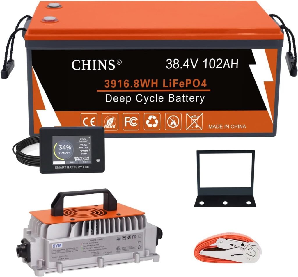 CHINS 48V 100Ah Lithium Golf Cart Battery, Includes 48V 18A Charger, Monitor, Built-in Smart 200A BMS, 48V Lithium Battery Perfect for Golf Cart CHINS 48V 100Ah Lithium Golf Cart Battery, Includes 48V 18A Charger, Monitor, Built-in Smart 200A BMS, 48V Lithium Battery Perfect for Golf Cart
