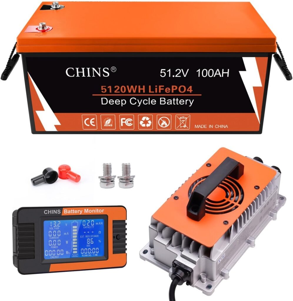 CHINS 48V 100Ah Lithium Golf Cart Battery, Includes 48V 18A Charger, Monitor, Built-in Smart 200A BMS, 48V Lithium Battery Perfect for Golf Cart CHINS 48V 100Ah Lithium Golf Cart Battery, Includes 48V 18A Charger, Monitor, Built-in Smart 200A BMS, 48V Lithium Battery Perfect for Golf Cart