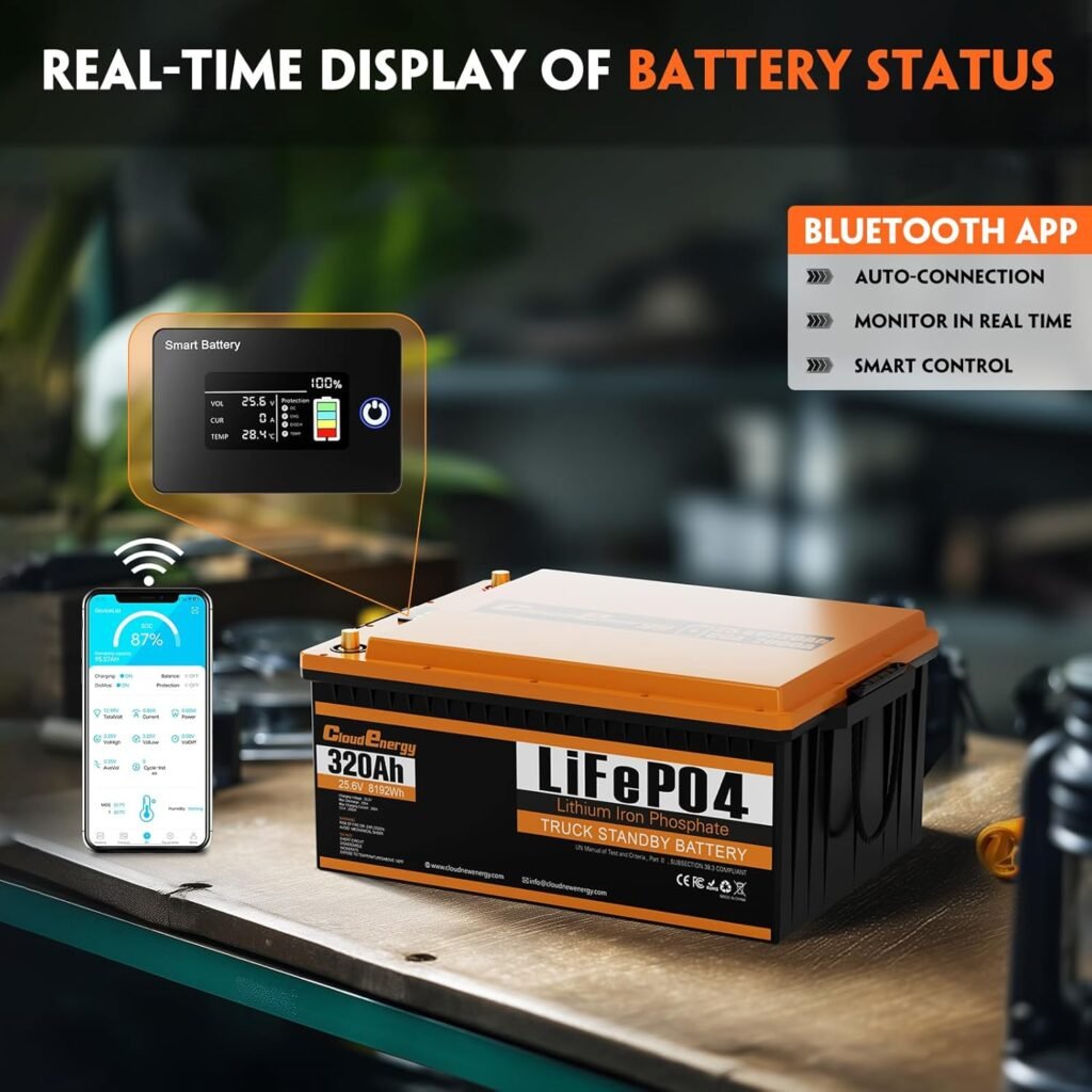 Cloudenergy 24V(25.6V) 320Ah Truck Standby Smart Deep Cycle LiFePO4 Self-heating Battery with Bluetooth 200A BMS (Peak 320A 30S 900A 2S),for Truck,Rvs,Trolling Motor,marine engines. Cloudenergy 24V(25.6V) 320Ah Truck Standby Smart Deep Cycle LiFePO4 Self-heating Battery with Bluetooth 200A BMS (Peak 320A 30S 900A 2S),for Truck,Rvs,Trolling Motor,marine engines.