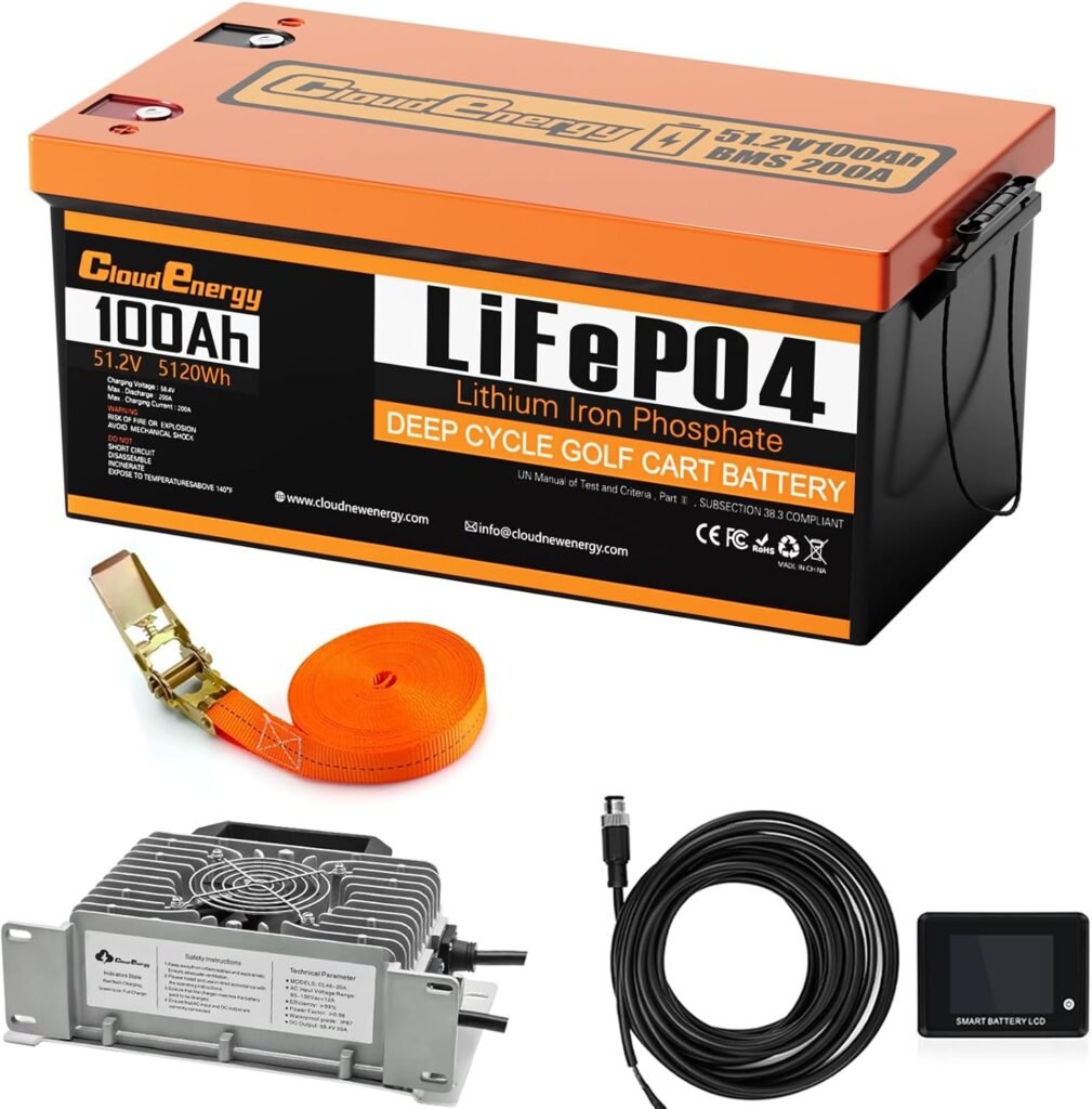 Cloudenergy 48V(51.2V) 105AH LiFePO4 Lithium Golf Cart Battery Built-in 250A BMS,with Mobile APP,Touch Monitor and retention strap,6000+ Cycles,Perfect for Golf Carts (GFA48V-105AH With Charger)