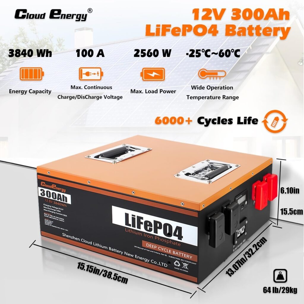 Cloudenergy LiFePO4 Battery 12V 300Ah 3.84kWh Deep Cycle with Longer Runtime, Built-in 100A BMS, 6000+Cycles  10 Year Lifetime, Perfect in Solar/Energy Storage System, RV, Marine, Backup Power.