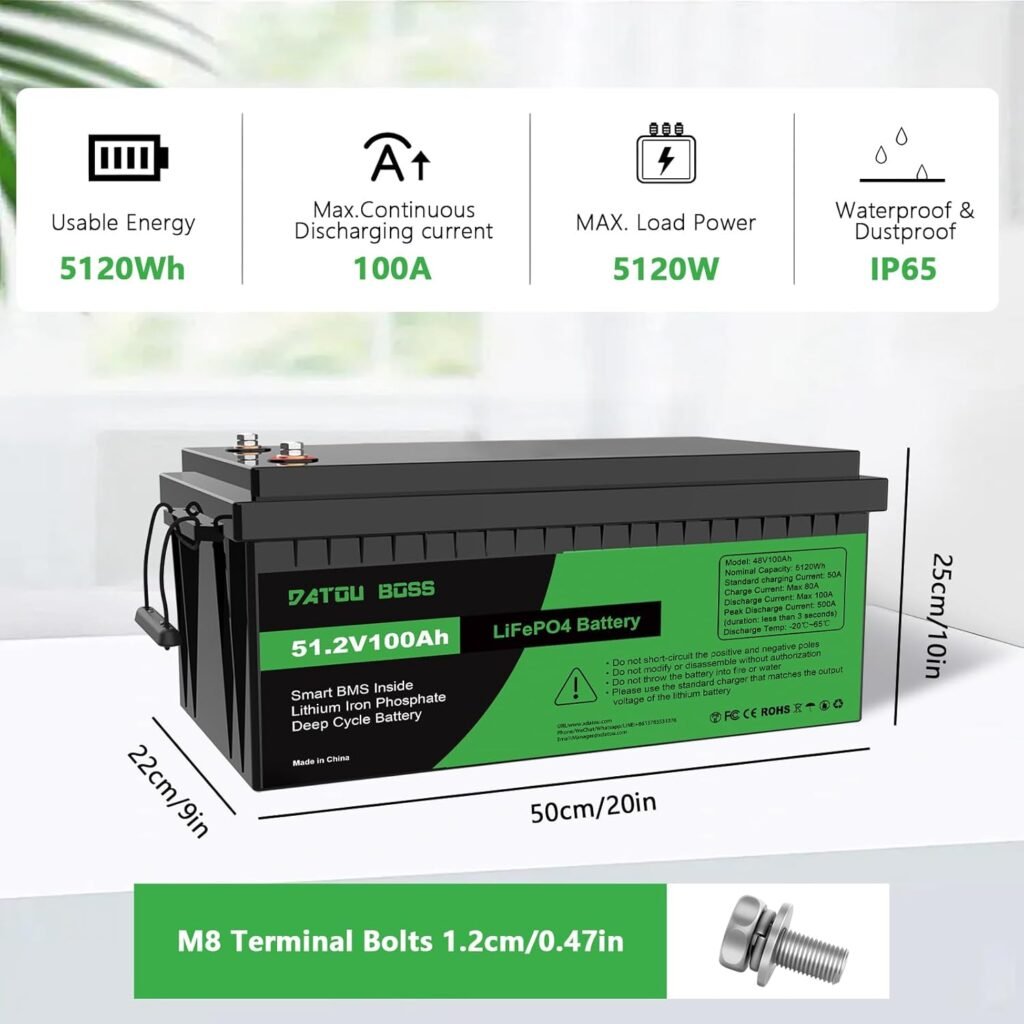 DATOUBOSS 48V 100Ah Lithium Golf Cart Battery, 48 Volt 100Ah LiFePO4 Battery, Built-in Smart 200A BMS, 5120Wh Engegy, 15000+ Deep yclefor Solar, Trolling Motor  Camping