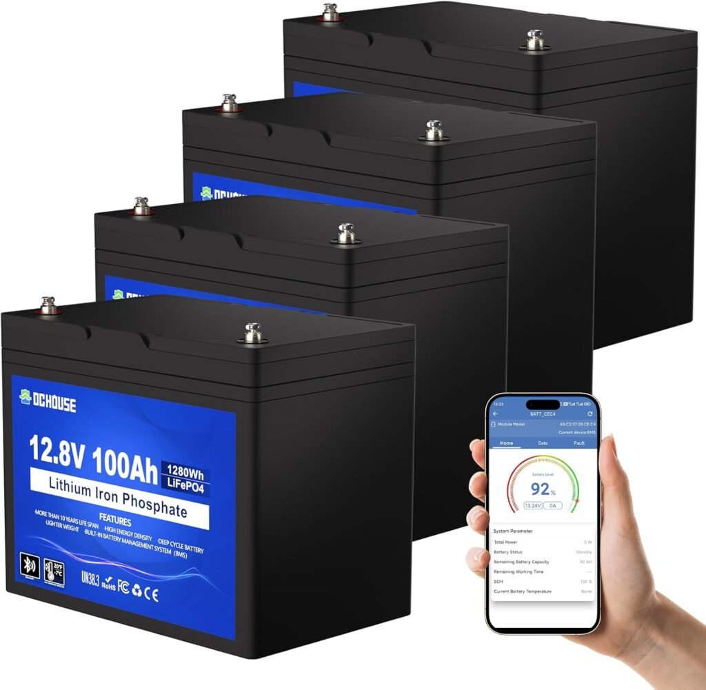 DC HOUSE 12V 100AH 4Pack Lithium Battery, 5.12 KWH LiFeO4 Battery 100A BMS, Bluetooth  Low Temp Cut-Off, Up to 15000 Lithium Deep Cycle, Perfect for RV, Trolling Motor, Kayak Cart