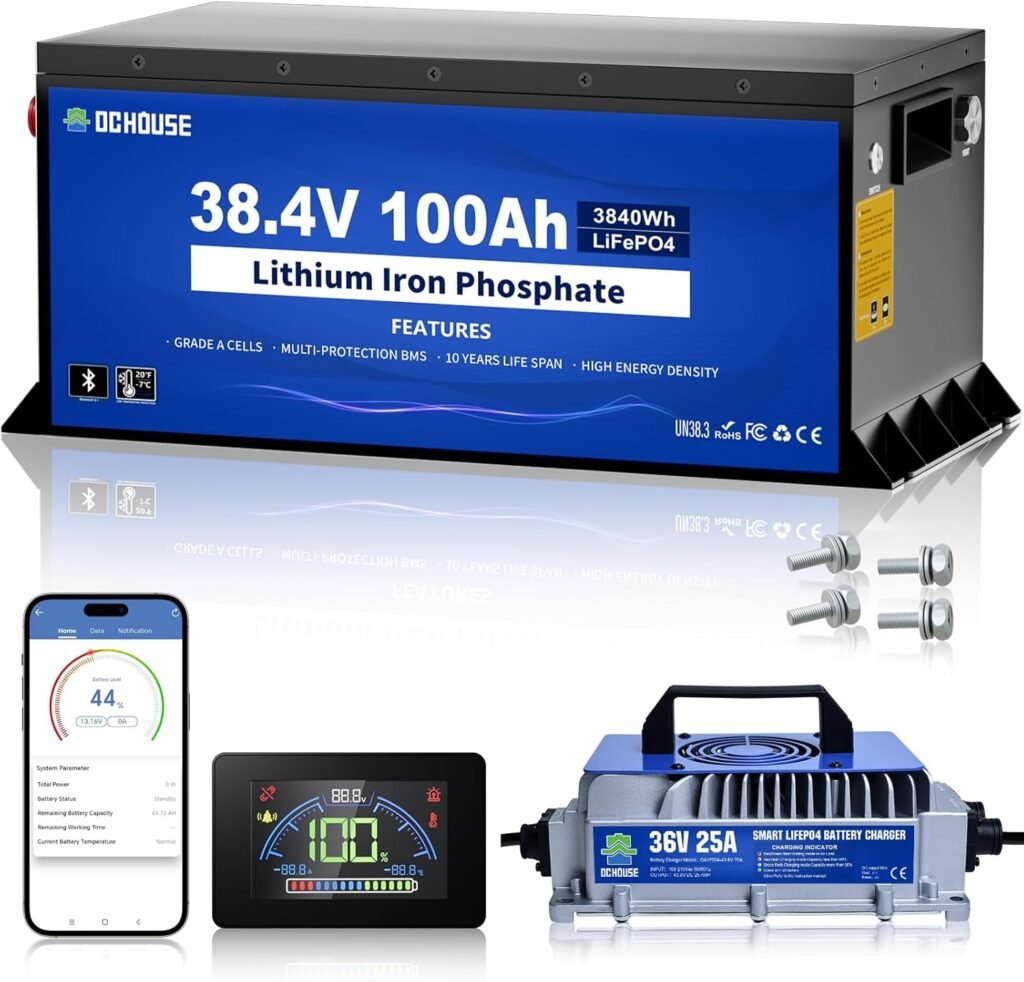 DC HOUSE Metal Case 36V 100Ah Pro Lithium Golf Cart Battery, LiFePO4 Battery with 36V 25A Charger, Bluetooth Mobile APP LCD Monitor, 200A BMS, Peak Current 670A, Perfect for Trolling Motor, Marine DC HOUSE Metal Case 36V 100Ah Pro Lithium Golf Cart Battery, LiFePO4 Battery with 36V 25A Charger, Bluetooth Mobile APP LCD Monitor, 200A BMS, Peak Current 670A, Perfect for Trolling Motor, Marine