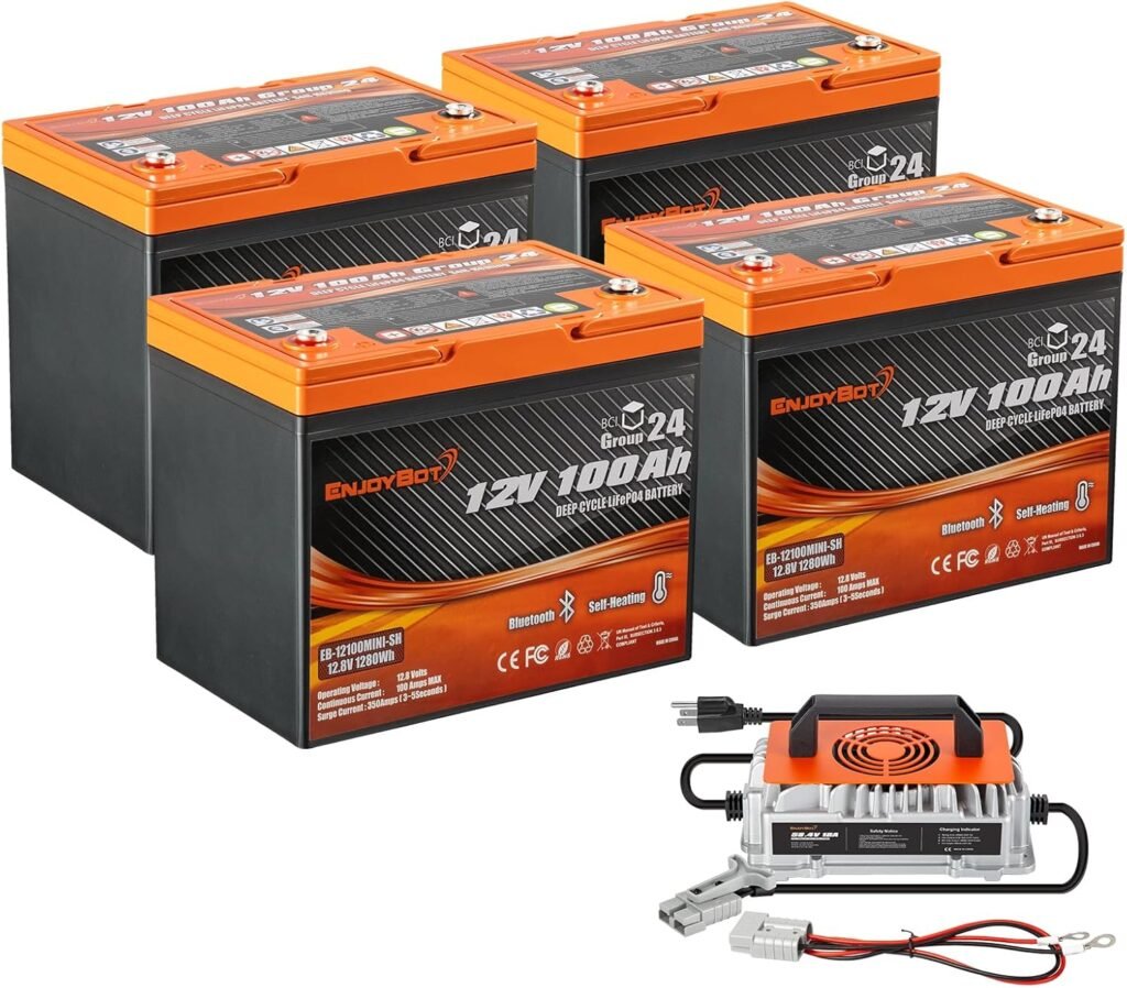Enjoybot 48V 100Ah LiFePO4 Lithium Golf Cart Battery Conversion Kit - 4 X 12V 100Ah Group 24 Bluetooth LiFePO4 Battery, Built-in 100A BMS with Low-Temp Protection, Peak Current of 350A Enjoybot 48V 100Ah LiFePO4 Lithium Golf Cart Battery Conversion Kit - 4 X 12V 100Ah Group 24 Bluetooth LiFePO4 Battery, Built-in 100A BMS with Low-Temp Protection, Peak Current of 350A